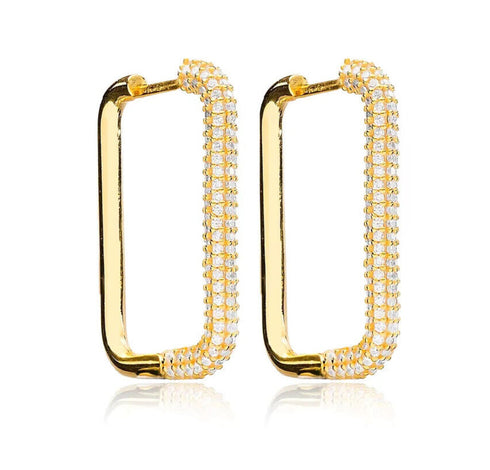 Exquisite Micro Pave 14K Gold Plated Rectangular Cubic Zirconia Hoop Earrings